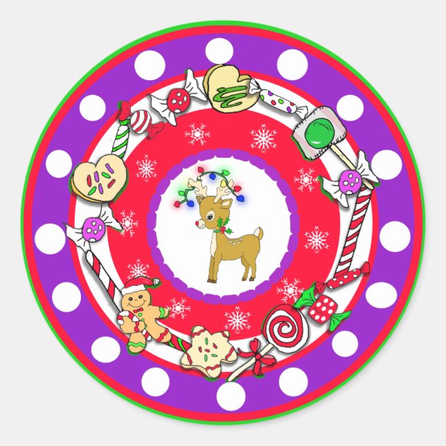Sticker Rond Main Whimsical tiré rennes de Noël (Devant)
