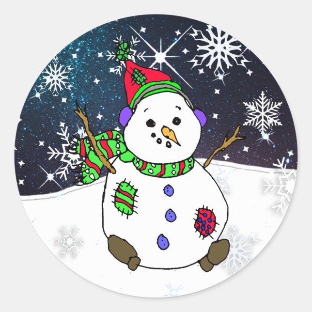 Sticker Rond Main Whimsical tiré Snowman sur une nuit étoilée (Devant)