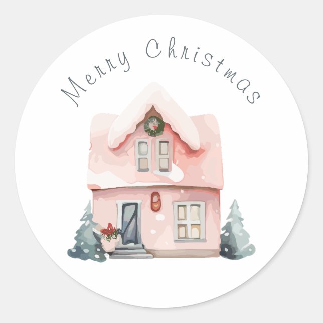 Sticker Rond Maison à l'eau rose Noël (Devant)