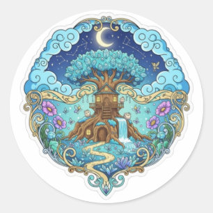 Sticker Rond Maison dans l'arbre sous la lune Illustration fant