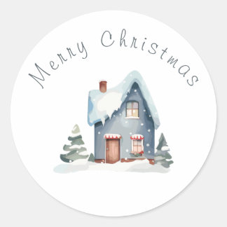Sticker Rond Maison d'aquarelle bleue Noël
