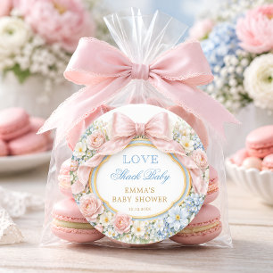 Sticker Rond Maison de l'Amour Ruban Rose Élégant Baby Shower V