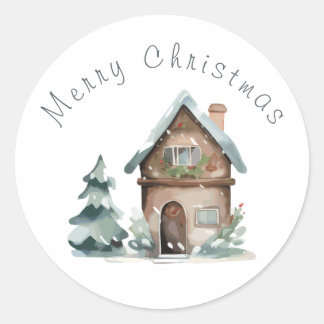 Sticker Rond Maison de Noël à l'aquarelle