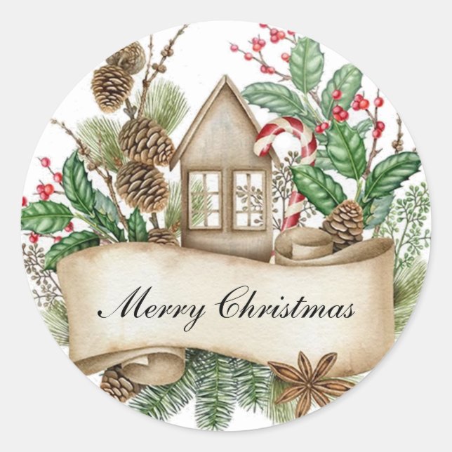 Sticker Rond Maison de Noël décorative (Devant)