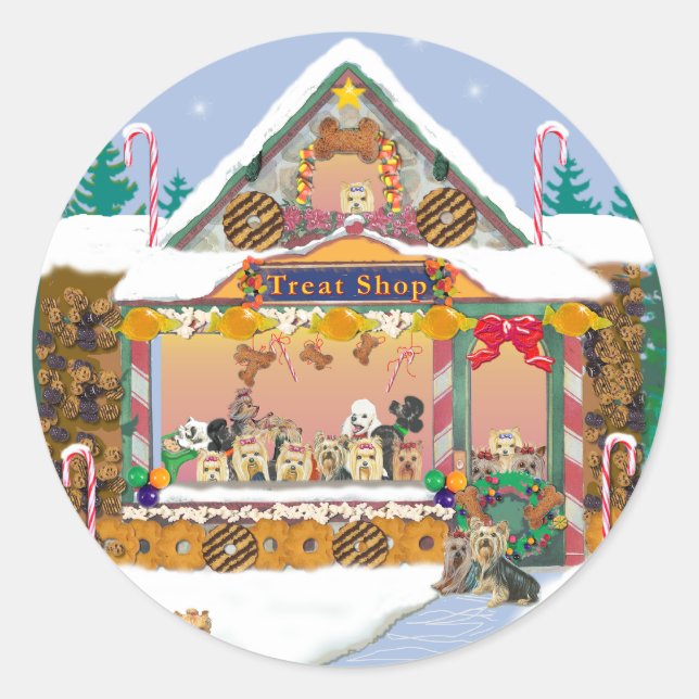 Sticker Rond Maison de pain d'épices de Noël Yorkie (Devant)