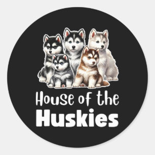 Sticker Rond Maison Des Huskies Jolie Aquarelle Puppy Huskies