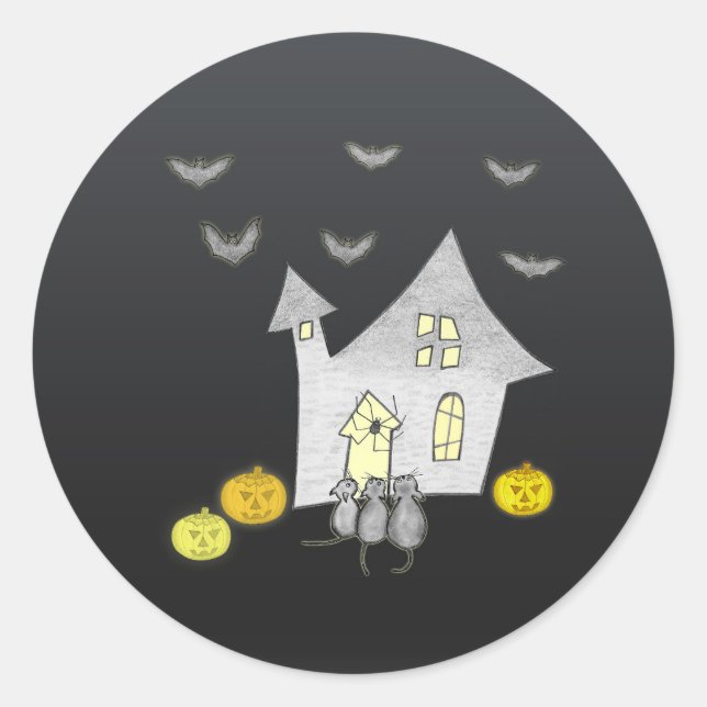 Sticker Rond Maison d'Halloween, Chats noirs, Chats, Chauves-so (Devant)