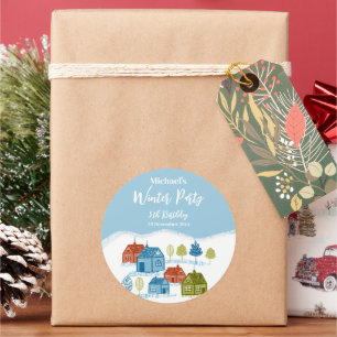 Sticker Rond Maison d'hiver Fête d'anniversaire Bébé cadeau