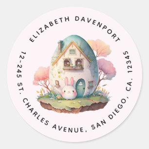 Sticker Rond Maison en forme d'oeuf et de lapin rose dans le st
