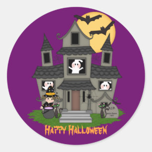 Sticker Rond Maison hantée d'Halloween mignonne et petite sorci