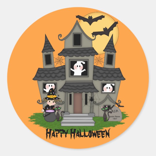 Sticker Rond Maison hantée d'Halloween mignonne et petite sorci (Devant)