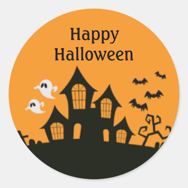 Sticker Rond Maison hantée Happy Halloween Orange Noir Éffrayan (Devant)