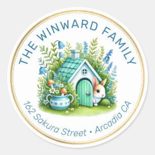Sticker Rond Maisonnette Mignonne de Printemps & Adresse Lapin