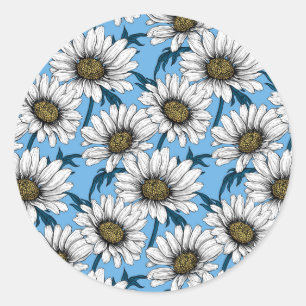Sticker Rond Maisonnettes, fleurs sauvages sur bleu