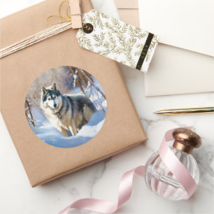 Sticker Rond Malamute Aaskan Qu'il neige Noël