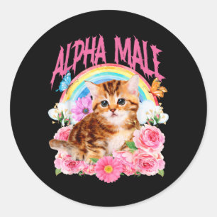 Sticker Rond Mâle Alpha Chat Drôle Chaton Floral Arc-en-ciel