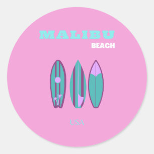 Sticker Rond Malibu, Malibu Beach, Californie, Preppy, rose