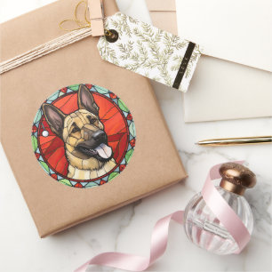Sticker Rond Malinois Belge Vitrail de Noël