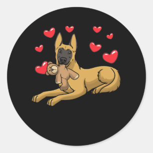 Sticker Rond Malinois Dog With Stuffed Animal Belgian Shepherd