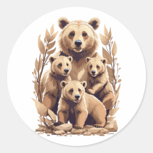 Sticker Rond Mama Bear Et Ses Cubs - L'Amour Sauvage