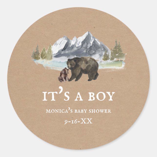 Sticker Rond Mama Bear Mountains Baby shower Cardstock (Devant)