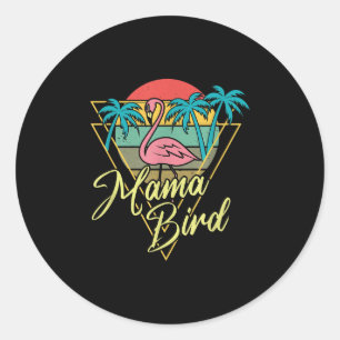 Sticker Rond Mama Bird Flamant rose Sunset Palm Tree Beach ann