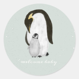 Sticker Rond Mama Penguin Hiver Baby shower garçon bleu neige