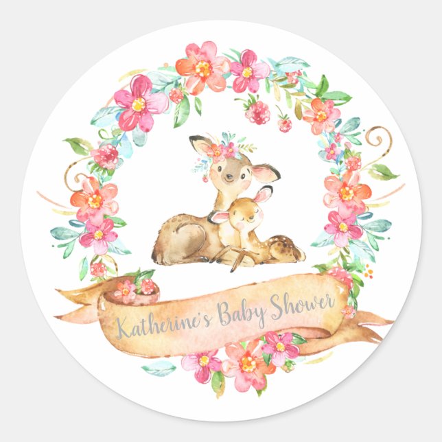Sticker Rond Maman Bébé Cerf Floral Wreath Spring Douche Bois (Devant)