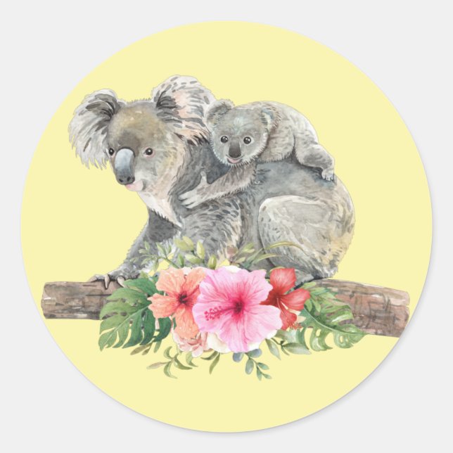 Sticker Rond Maman & Bébé Koala Ours Aquarelle mignonne (Devant)