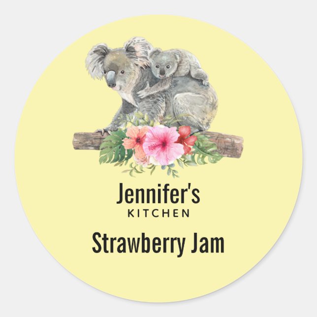 Sticker Rond Maman & Bébé Koala Ours mignonne Aquarelle Cuisine (Devant)