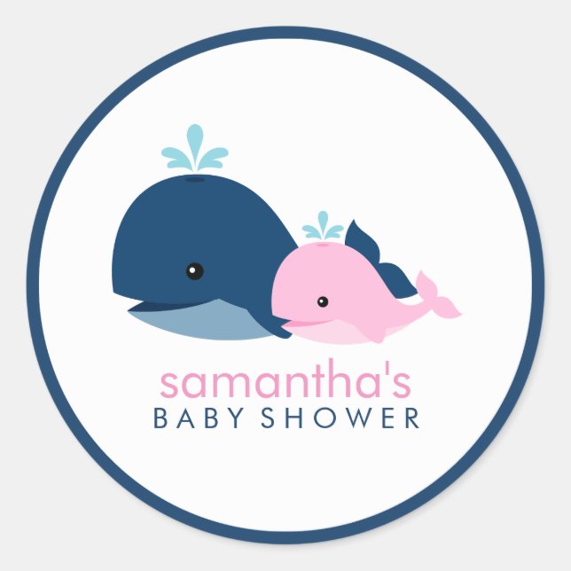 Sticker Rond Maman et Baby Whale Baby shower {rose} (Devant)