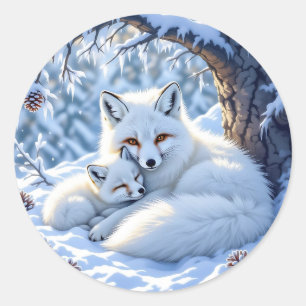 Sticker Rond Maman et bébé renards blancs mignons dans la neige