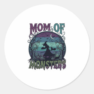 Sticker Rond Maman Monstres Halloween Sorcière Lune Citrouilles