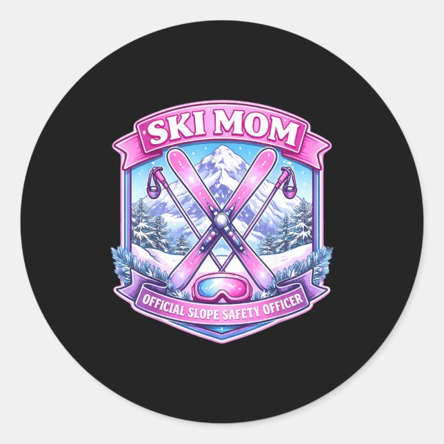 Sticker Rond Maman skieuse agent de sécurité des pistes fête de (Devant)
