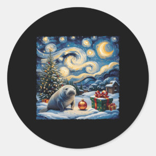 Sticker Rond Manatee Van Gogh Style Starry Night Christmas Wint