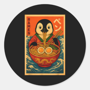 Sticker Rond Manchot mangeant des nouilles japonaises Ramen drô