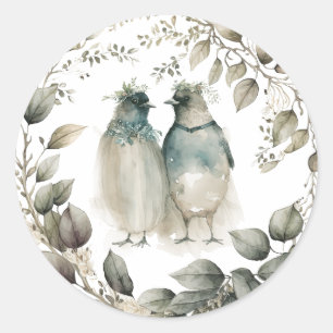 Sticker Rond Manchots à l'aquarelle et verdure