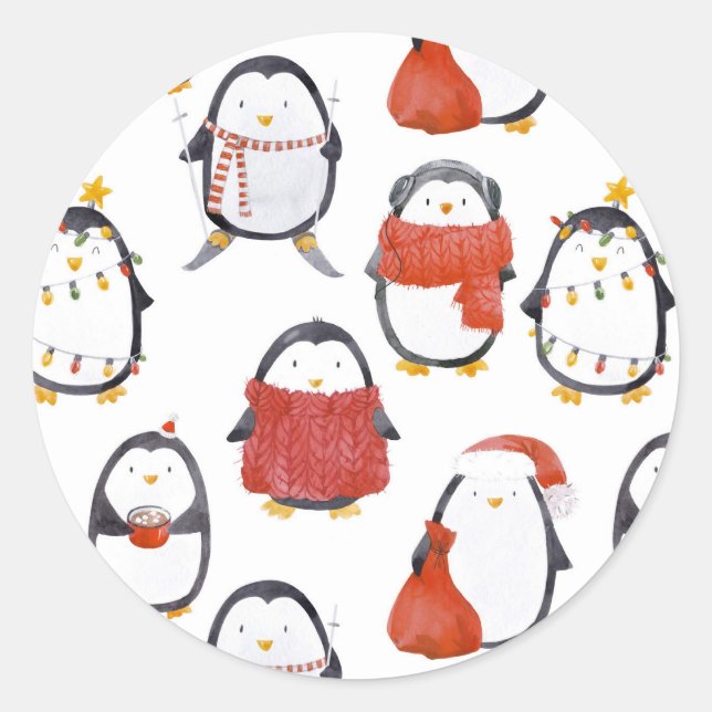 Sticker Rond Manchots festifs mignons motif Noël (Devant)