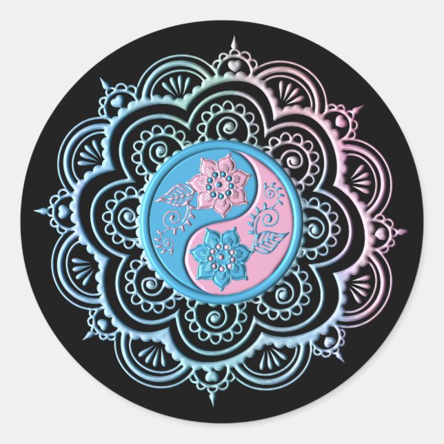 Sticker Rond Mandala bleu et rose (Devant)
