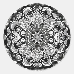 Sticker rond Mandala classique noir et blanc