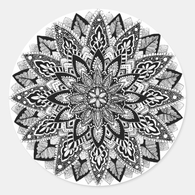 Sticker Rond Mandala de fleur noir et blanc (Devant)