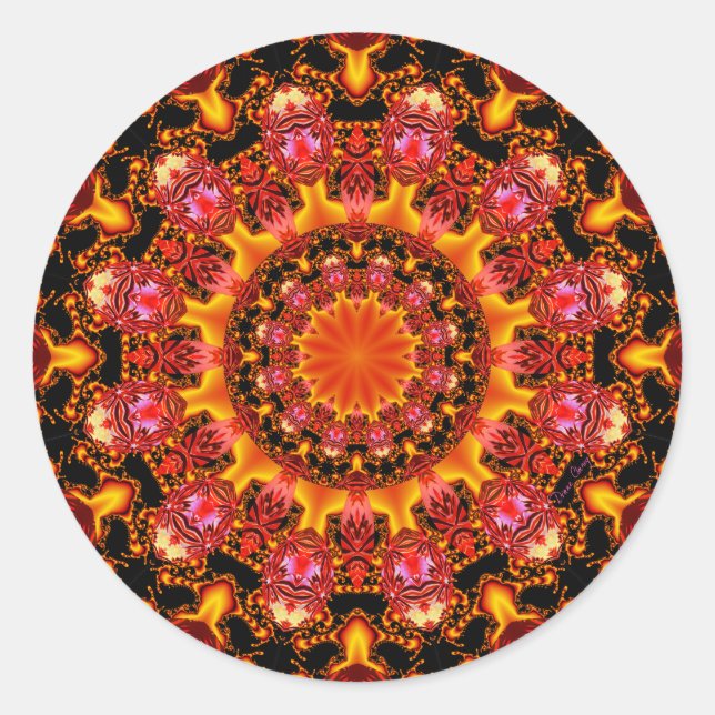 Sticker Rond Mandala en or brillant, orange rouge Abstrait (Devant)