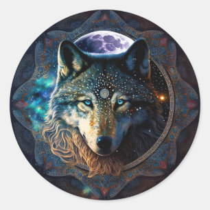 Sticker Rond Mandala, la lune mystique du loup