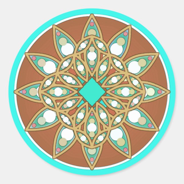 Sticker Rond Mandala motif en chocolat, bronzé et turquoise (Devant)