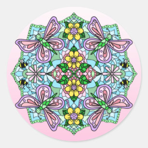 Sticker Rond Mandala, papillon lunaire tiré à la main