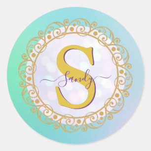 Sticker Rond Mandala personnalisé à monogramme or et bleu