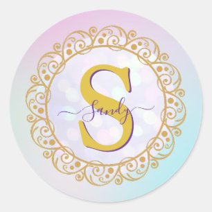 Sticker Rond Mandala personnalisé à monogramme or et bleu