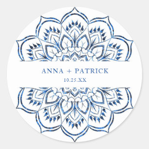 Sticker Rond Mandala personnalisé bleu métallisé élégant
