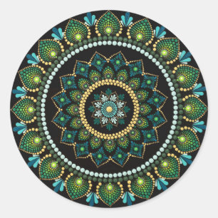 Sticker Rond Mandala vert Peint main Géométrie sacrée