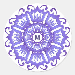 Sticker Rond Mandala violet floral. Monogramme.
